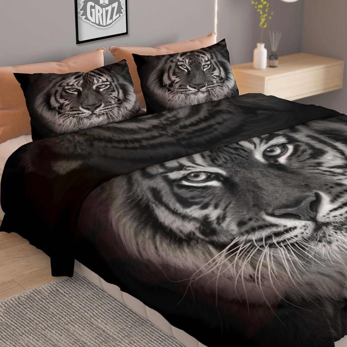 White Bengal Tiger Monochrome Print Duvet Cover Bedding Set