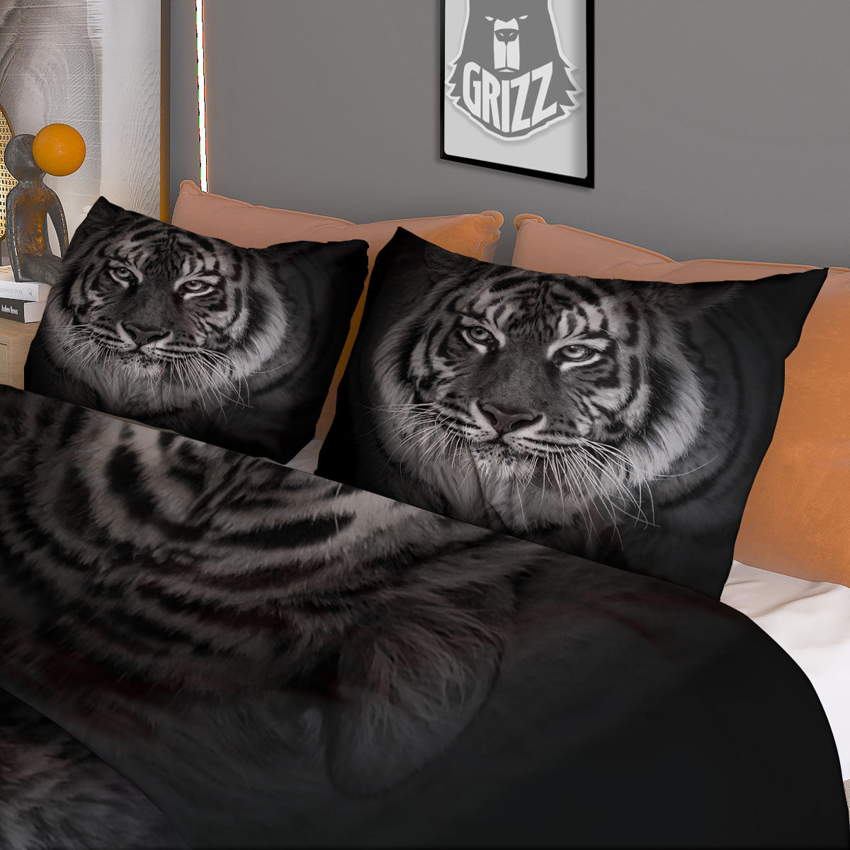 White Bengal Tiger Monochrome Print Duvet Cover Bedding Set