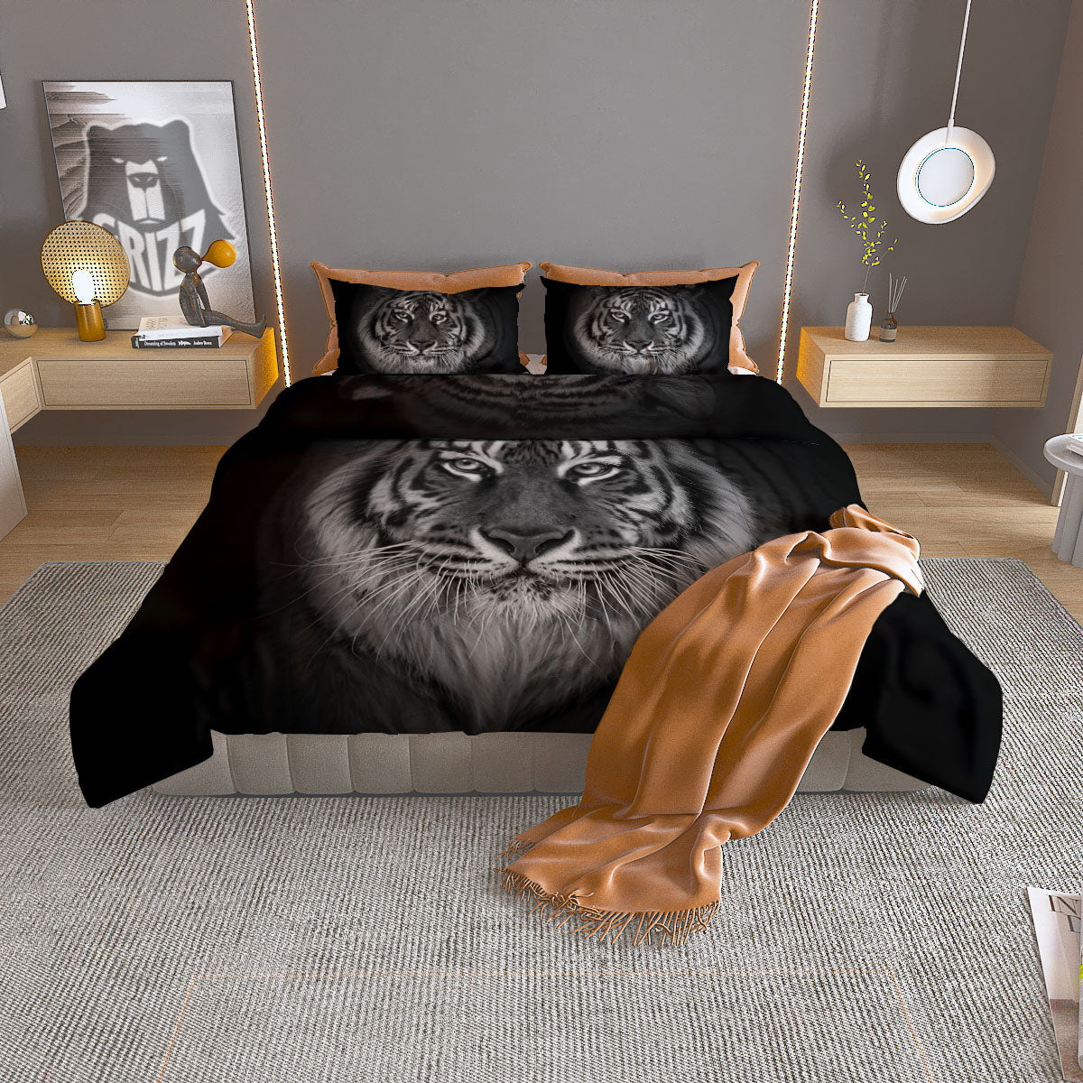 White Bengal Tiger Monochrome Print Duvet Cover Bedding Set