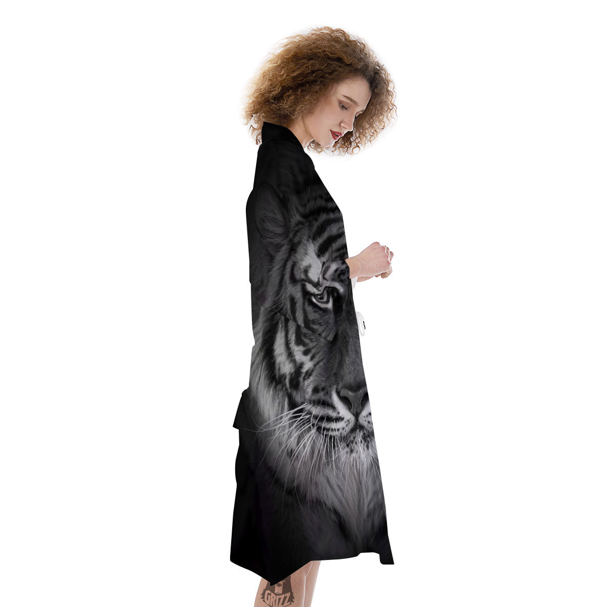 White Bengal Tiger Monochrome Print Kimono-grizzshop
