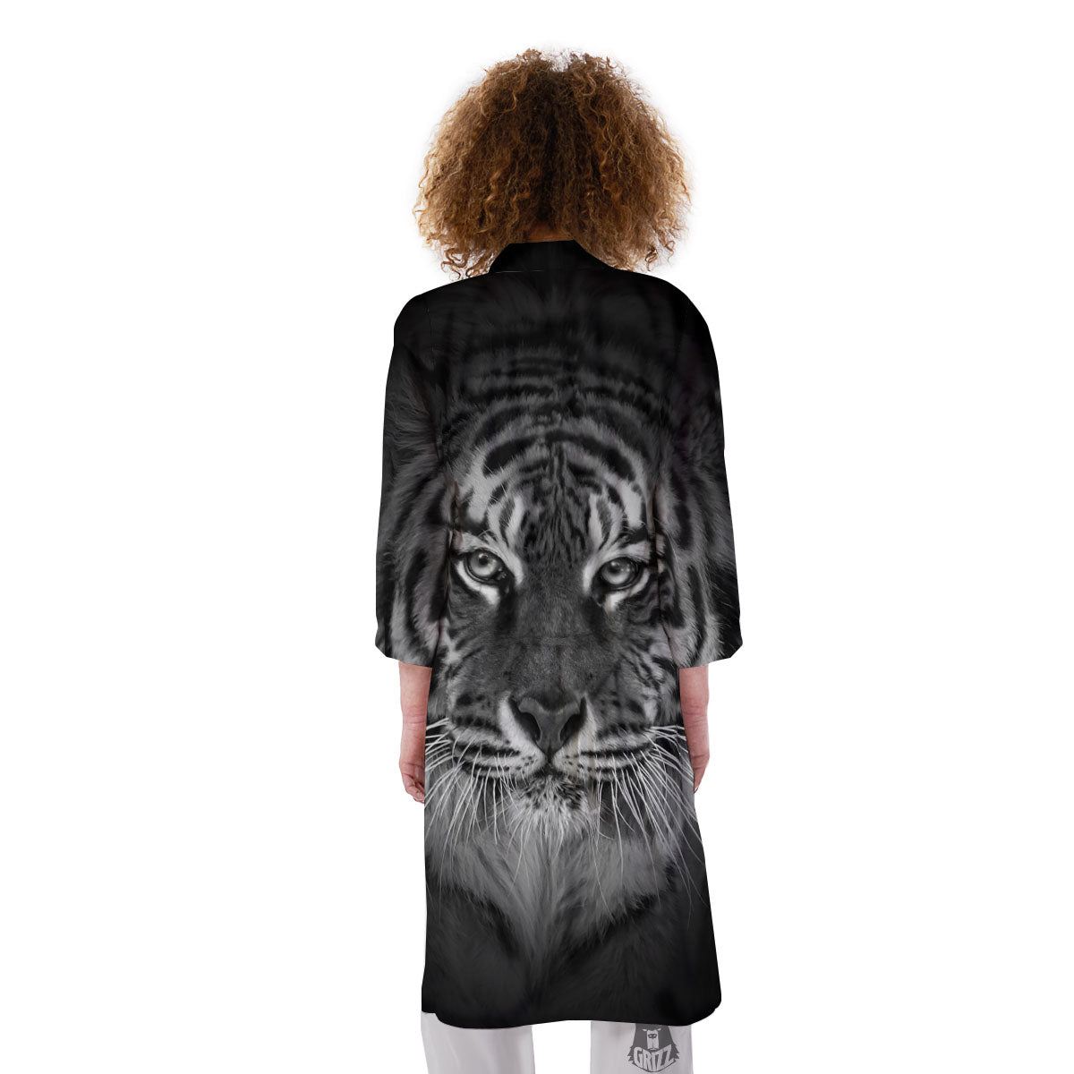 White Bengal Tiger Monochrome Print Kimono-grizzshop