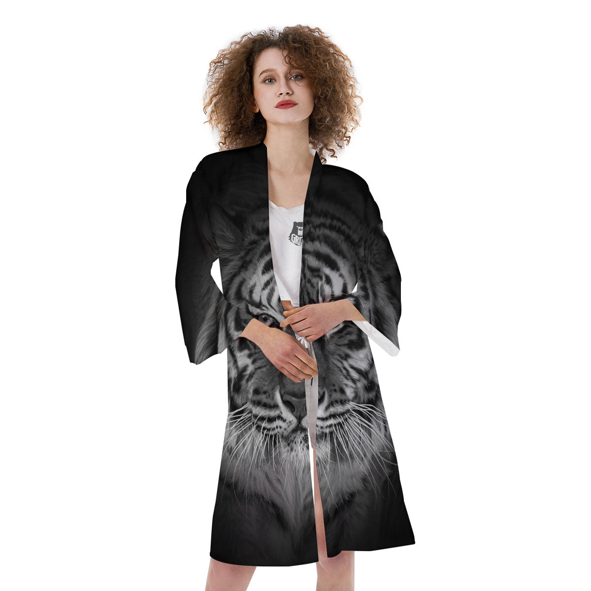 White Bengal Tiger Monochrome Print Kimono-grizzshop