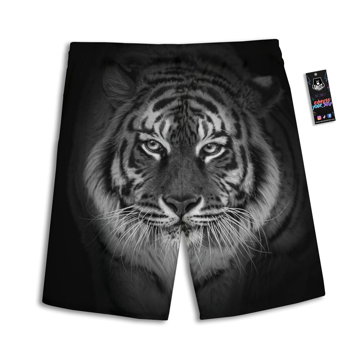 White Bengal Tiger Monochrome Print Men's Athletic Shorts