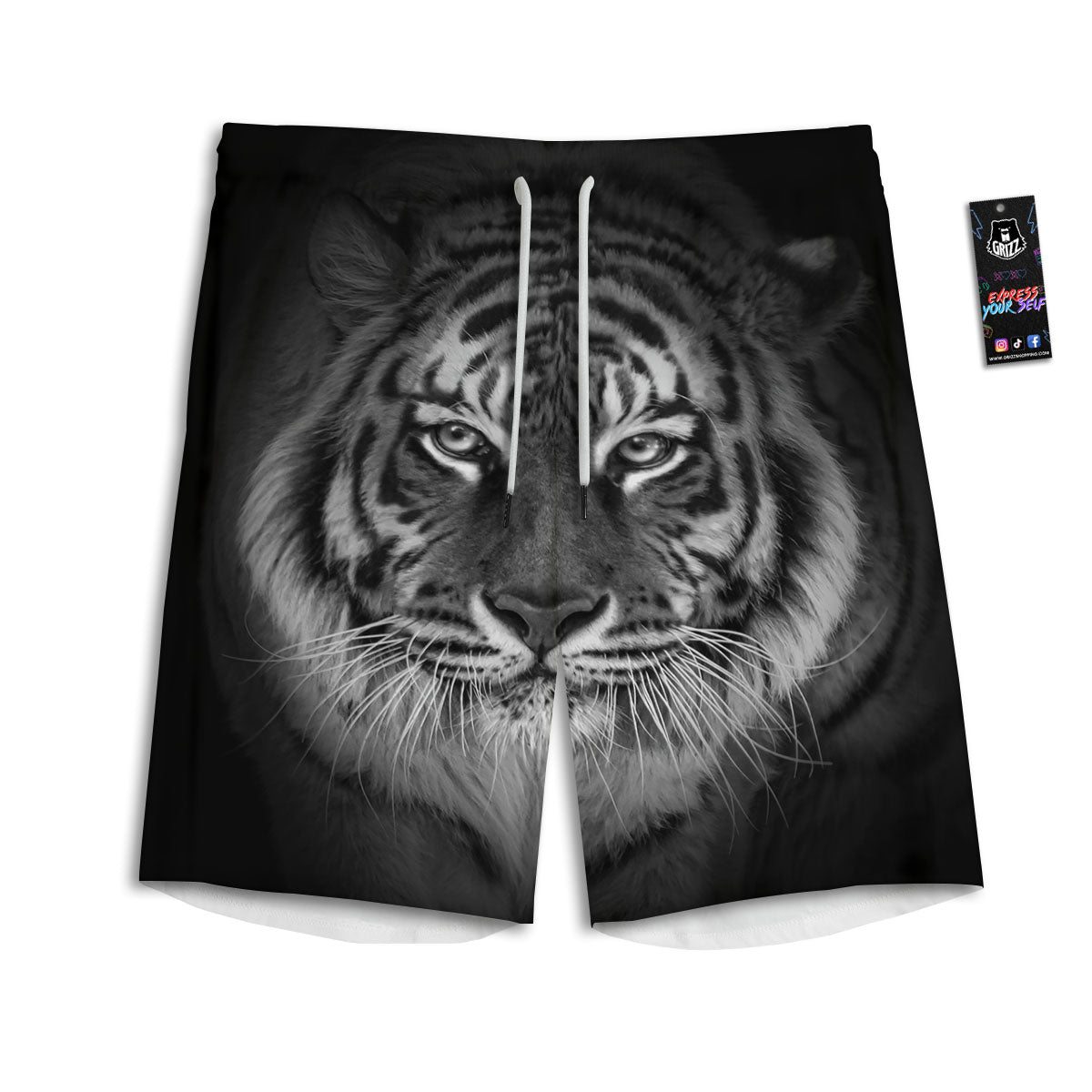 White Bengal Tiger Monochrome Print Men's Athletic Shorts