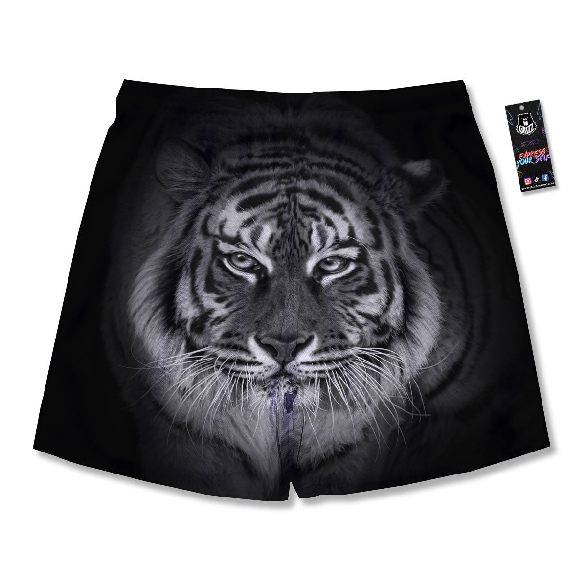 White Bengal Tiger Monochrome Print Men's Running Shorts-grizzshop