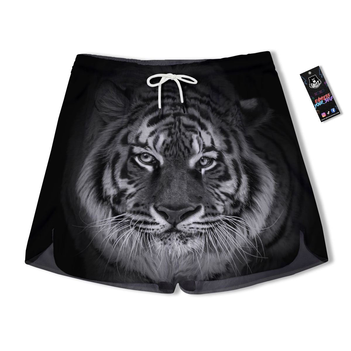 White Bengal Tiger Monochrome Print Men's Running Shorts-grizzshop