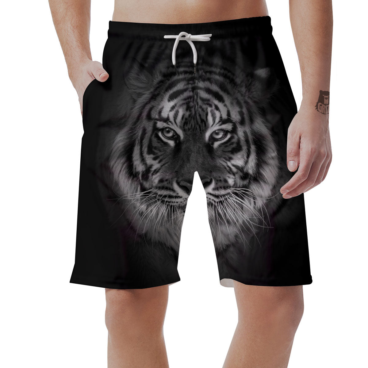 White Bengal Tiger Monochrome Print Men's Shorts-grizzshop
