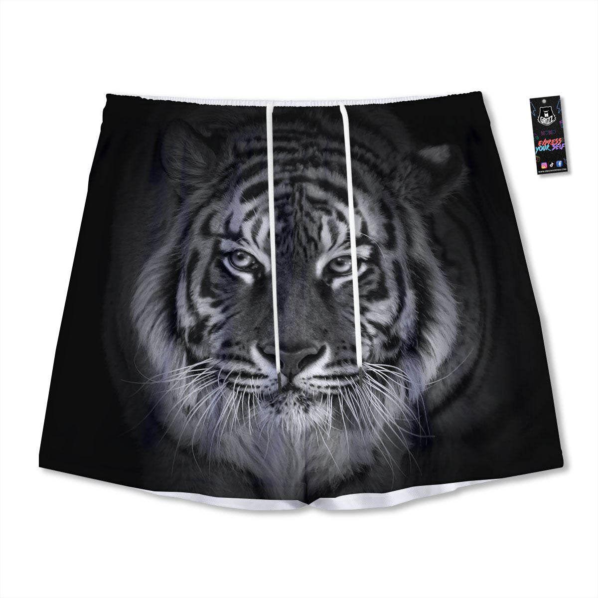 White Bengal Tiger Monochrome Print Mesh Shorts