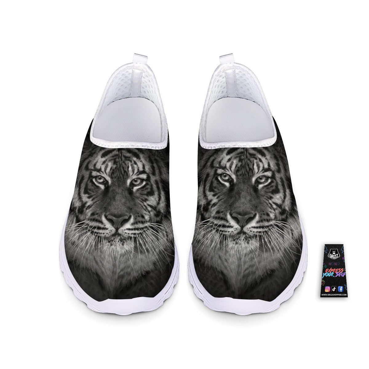 White Bengal Tiger Monochrome Print Nurse Shoes-grizzshop