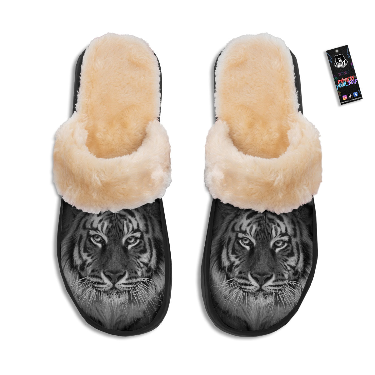 White Bengal Tiger Monochrome Print Slippers-grizzshop