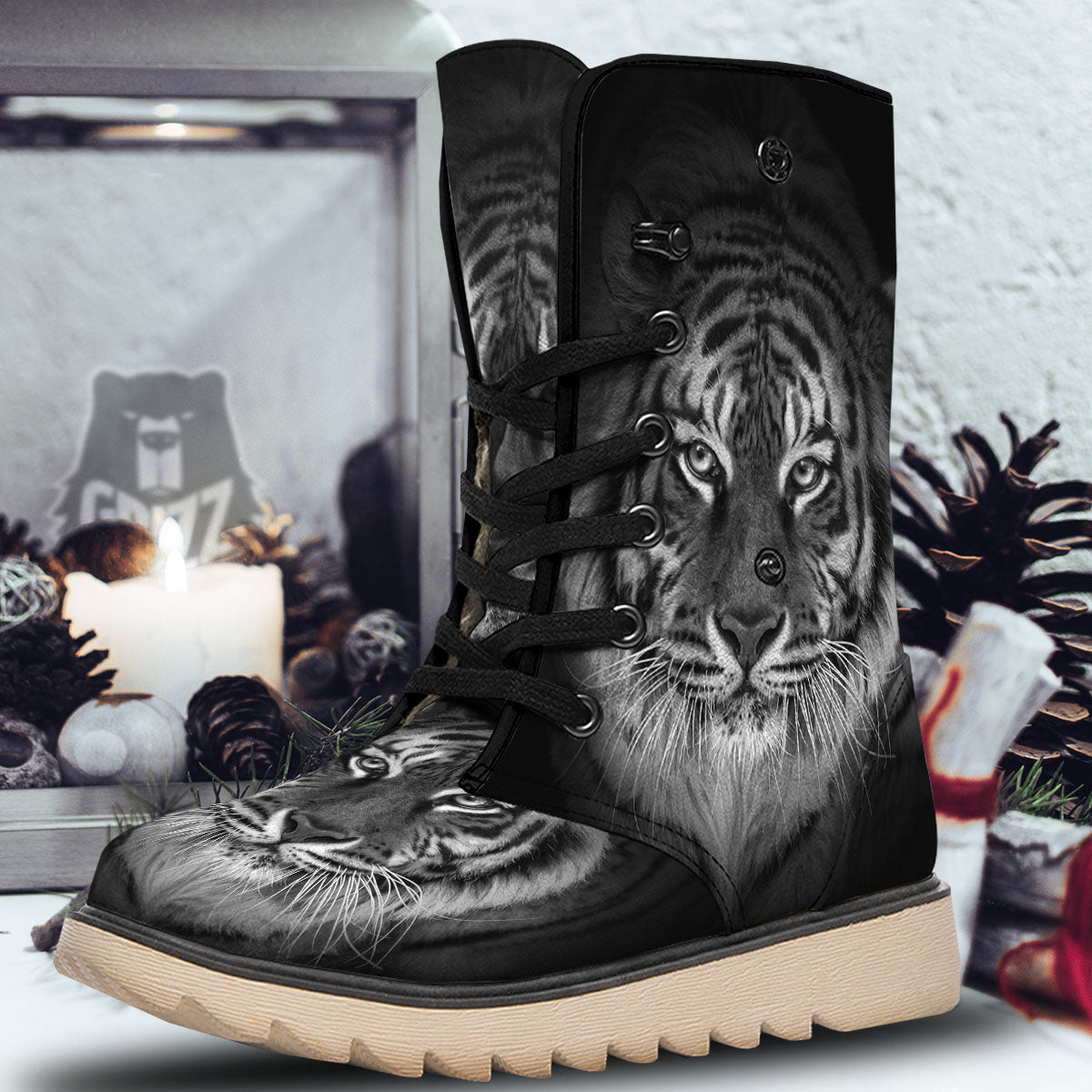White Bengal Tiger Monochrome Print Snow Boots-grizzshop