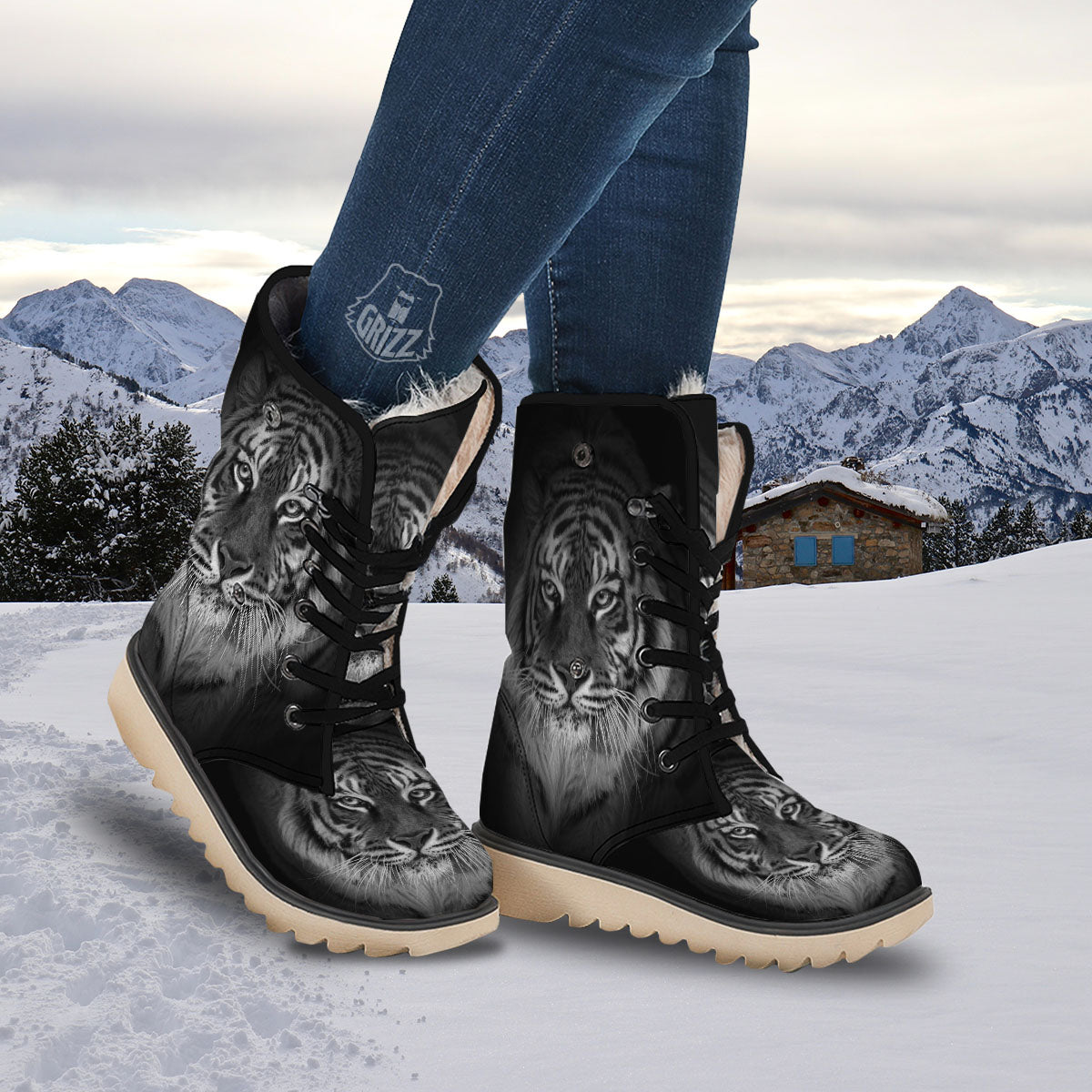 White Bengal Tiger Monochrome Print Snow Boots-grizzshop