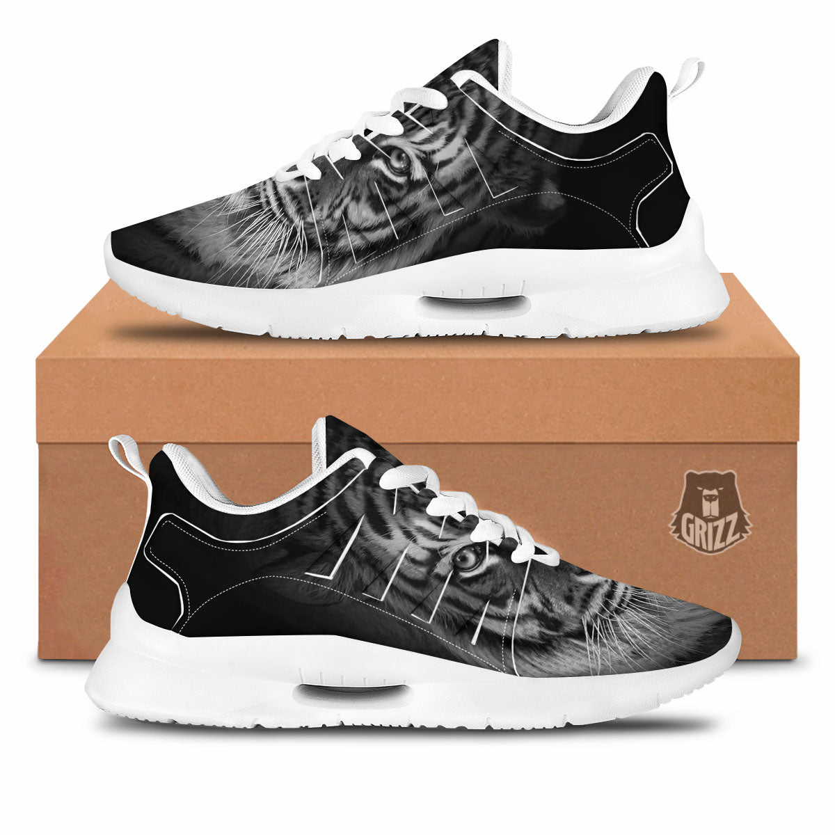 White Bengal Tiger Monochrome Print Tennis Shoes-grizzshop