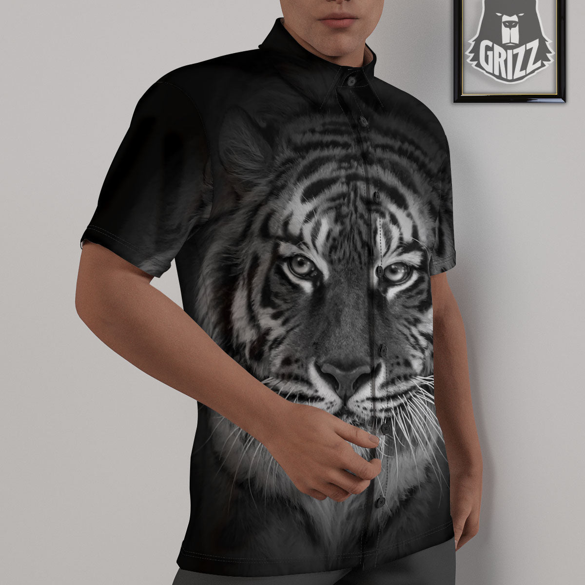 White Bengal Tiger Monochrome Print Untucked Shirts-grizzshop