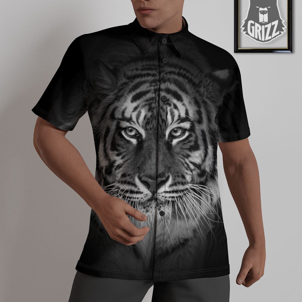 White Bengal Tiger Monochrome Print Untucked Shirts-grizzshop
