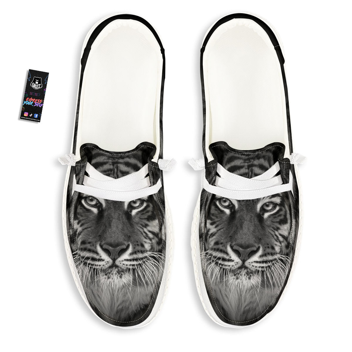 White Bengal Tiger Monochrome Print White Loafers-grizzshop
