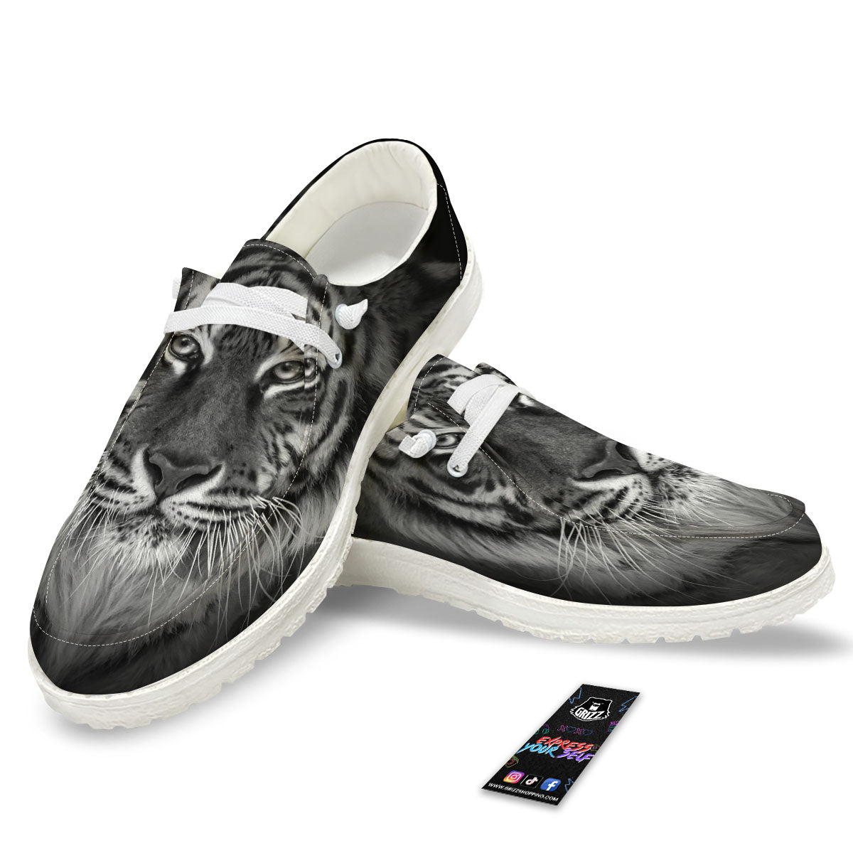 White Bengal Tiger Monochrome Print White Loafers-grizzshop