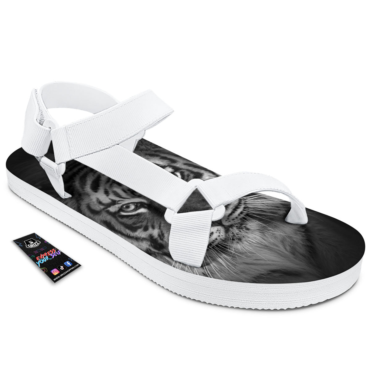 White Bengal Tiger Monochrome Print White Open Toe Sandals-grizzshop