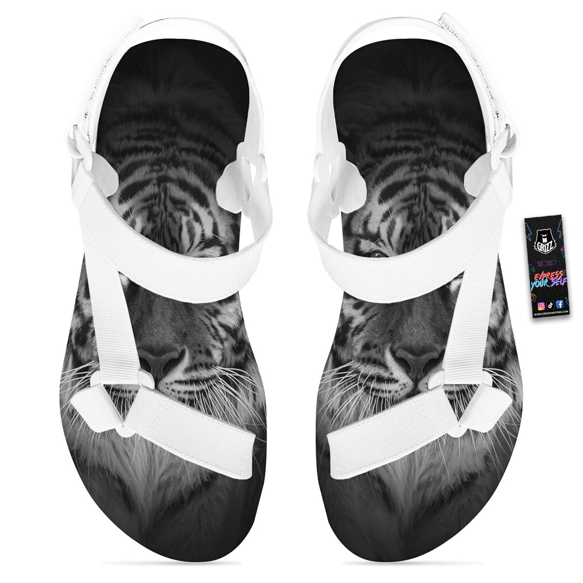 White Bengal Tiger Monochrome Print White Open Toe Sandals-grizzshop