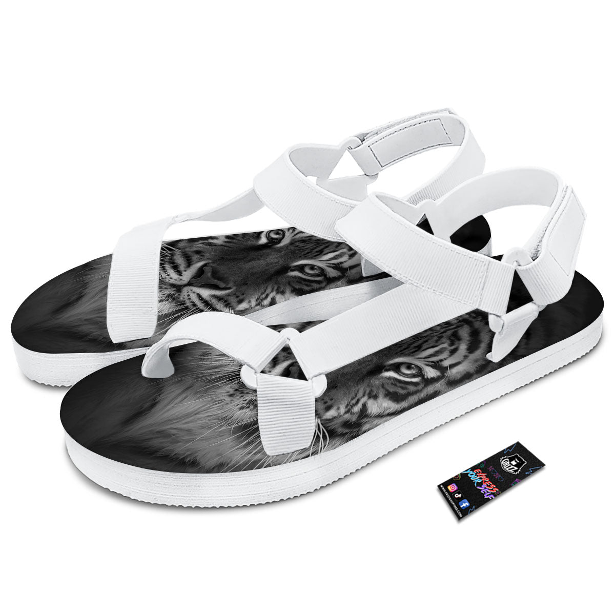 White Bengal Tiger Monochrome Print White Open Toe Sandals-grizzshop