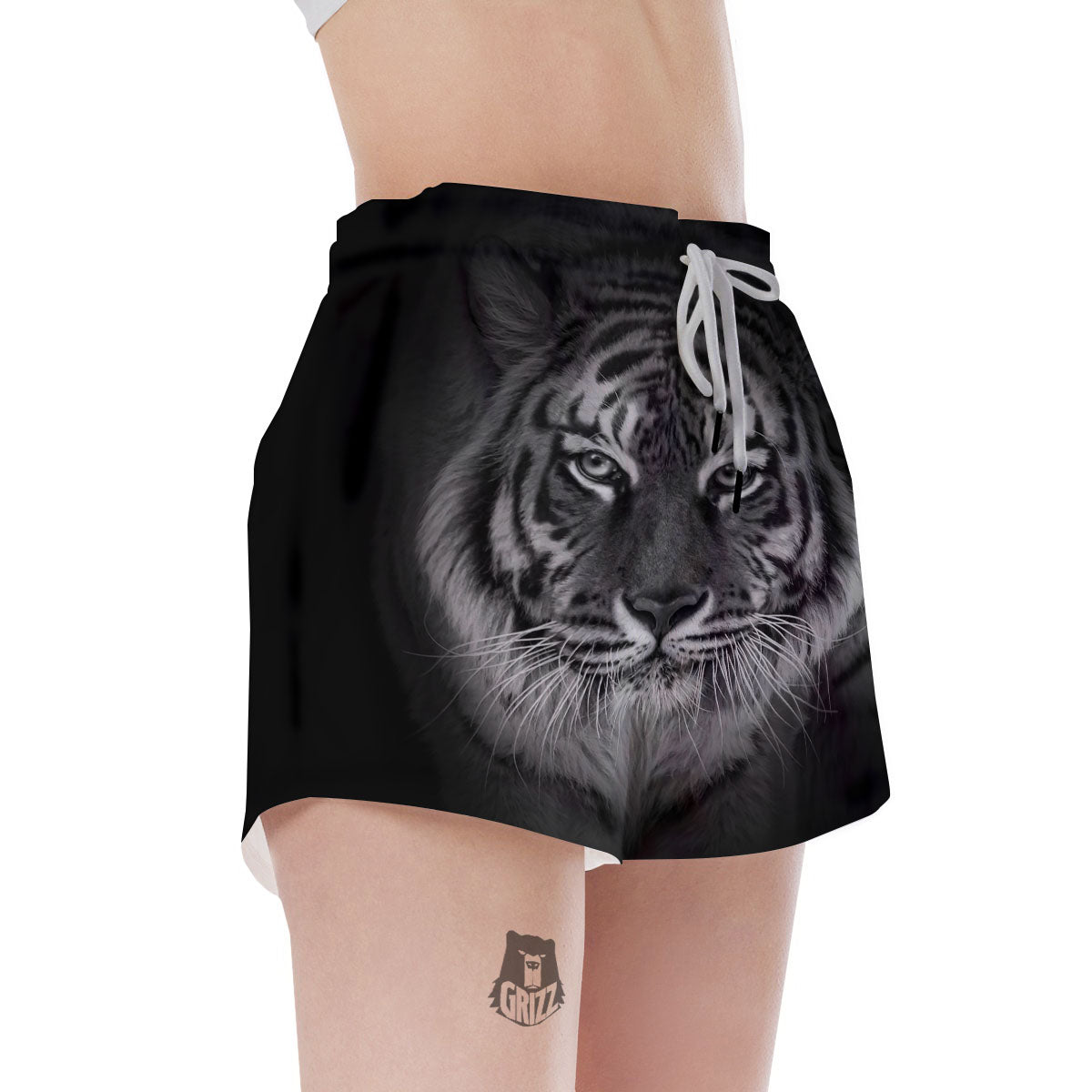 White Bengal Tiger Monochrome Print Women's Shorts-grizzshop