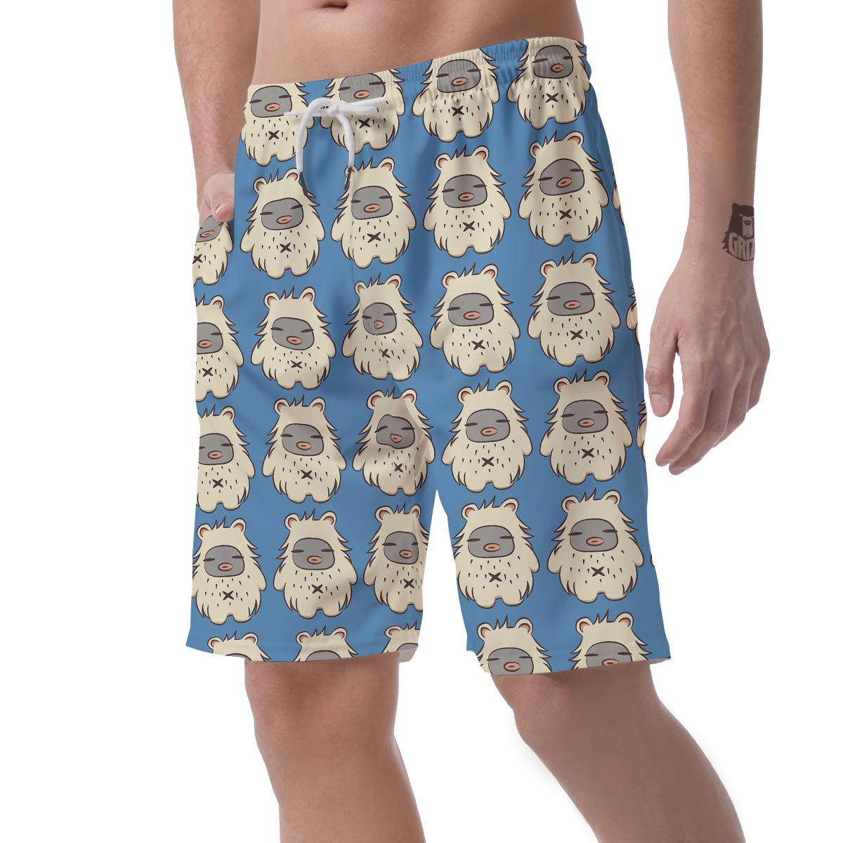White Bigfoot Pattern Print Men's Shorts-grizzshop