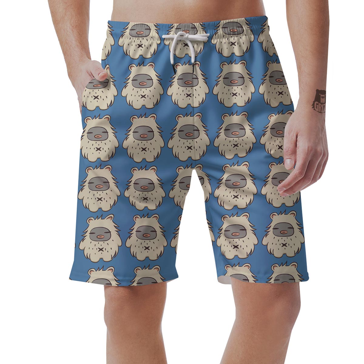 White Bigfoot Pattern Print Men's Shorts-grizzshop