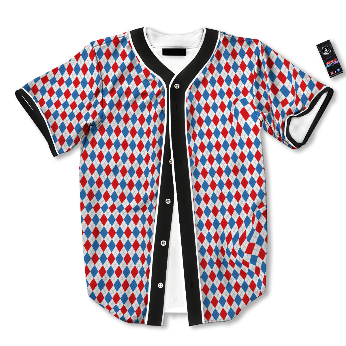 White Blue And Red Argyle Print Pattern Baseball Jersey-grizzshop