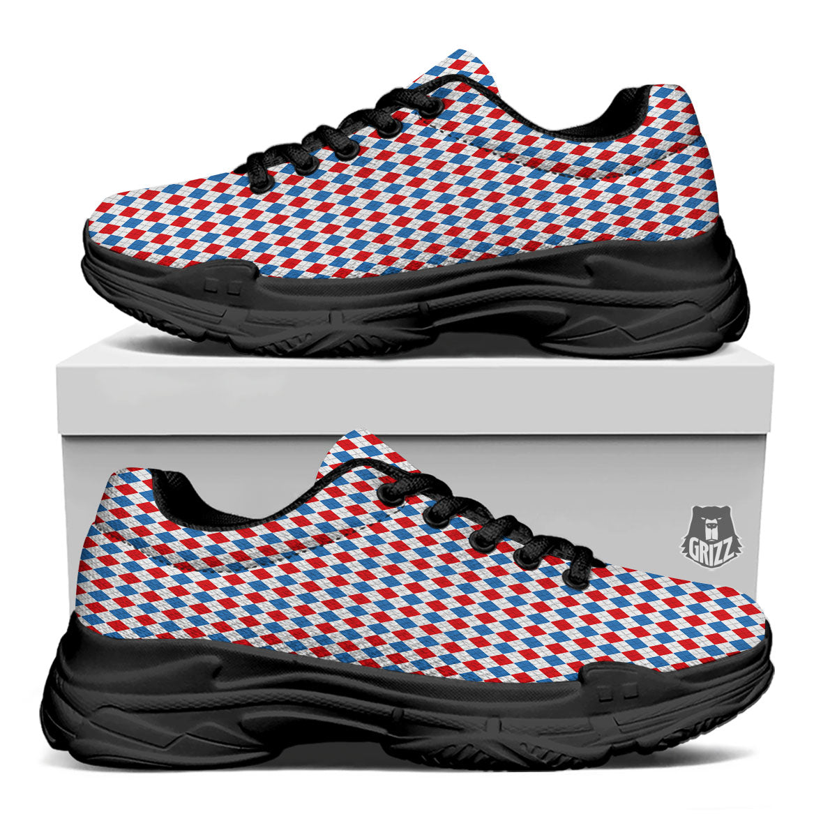 White Blue And Red Argyle Print Pattern Black Chunky Shoes-grizzshop