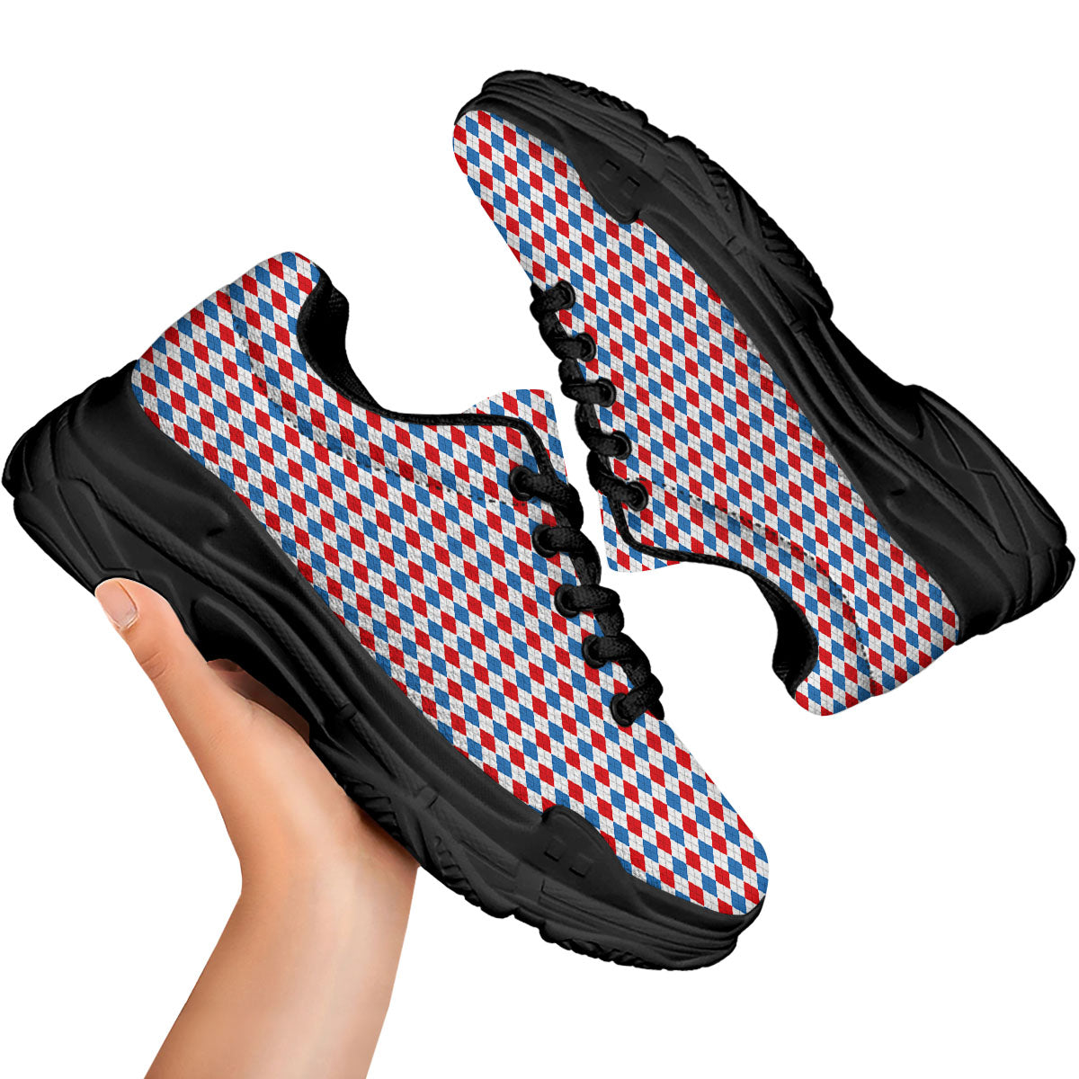 White Blue And Red Argyle Print Pattern Black Chunky Shoes-grizzshop