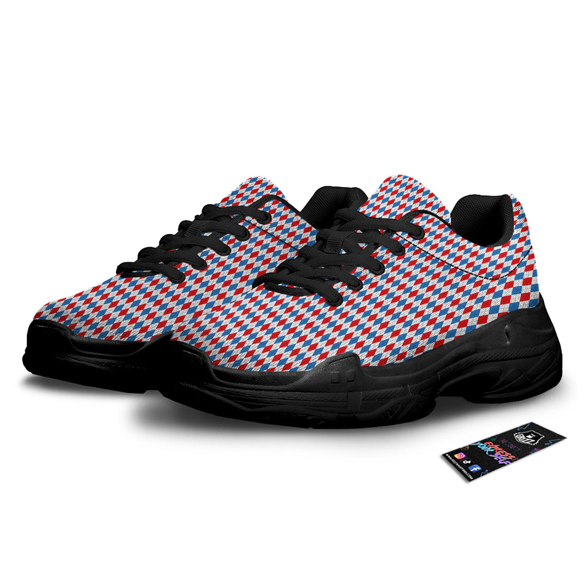 White Blue And Red Argyle Print Pattern Black Chunky Shoes-grizzshop