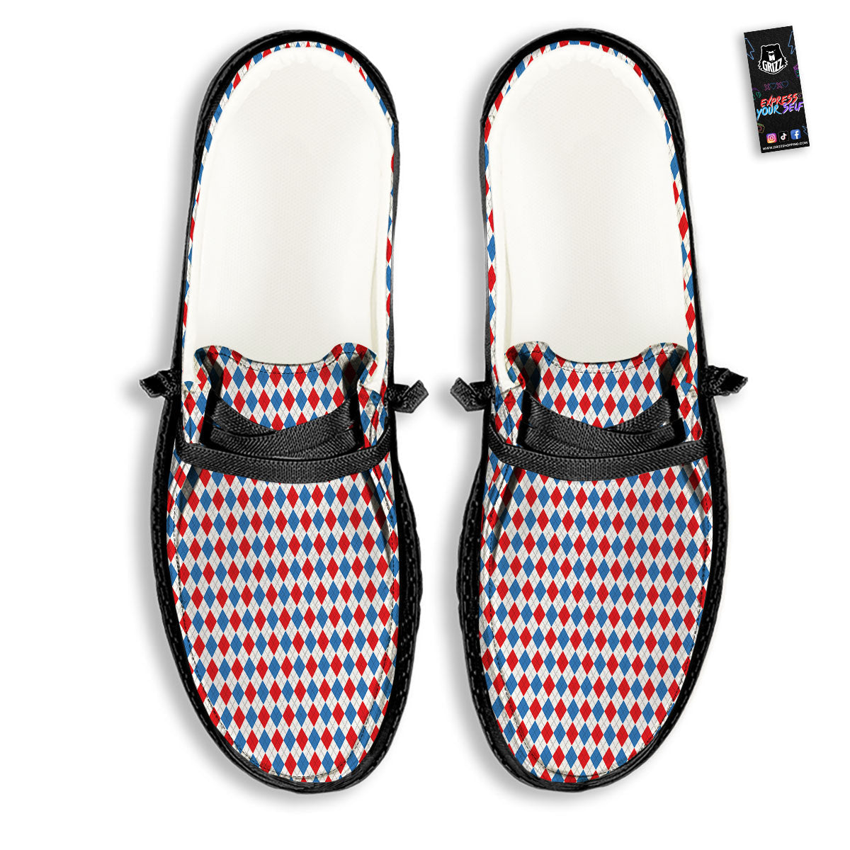 White Blue And Red Argyle Print Pattern Black Loafers-grizzshop