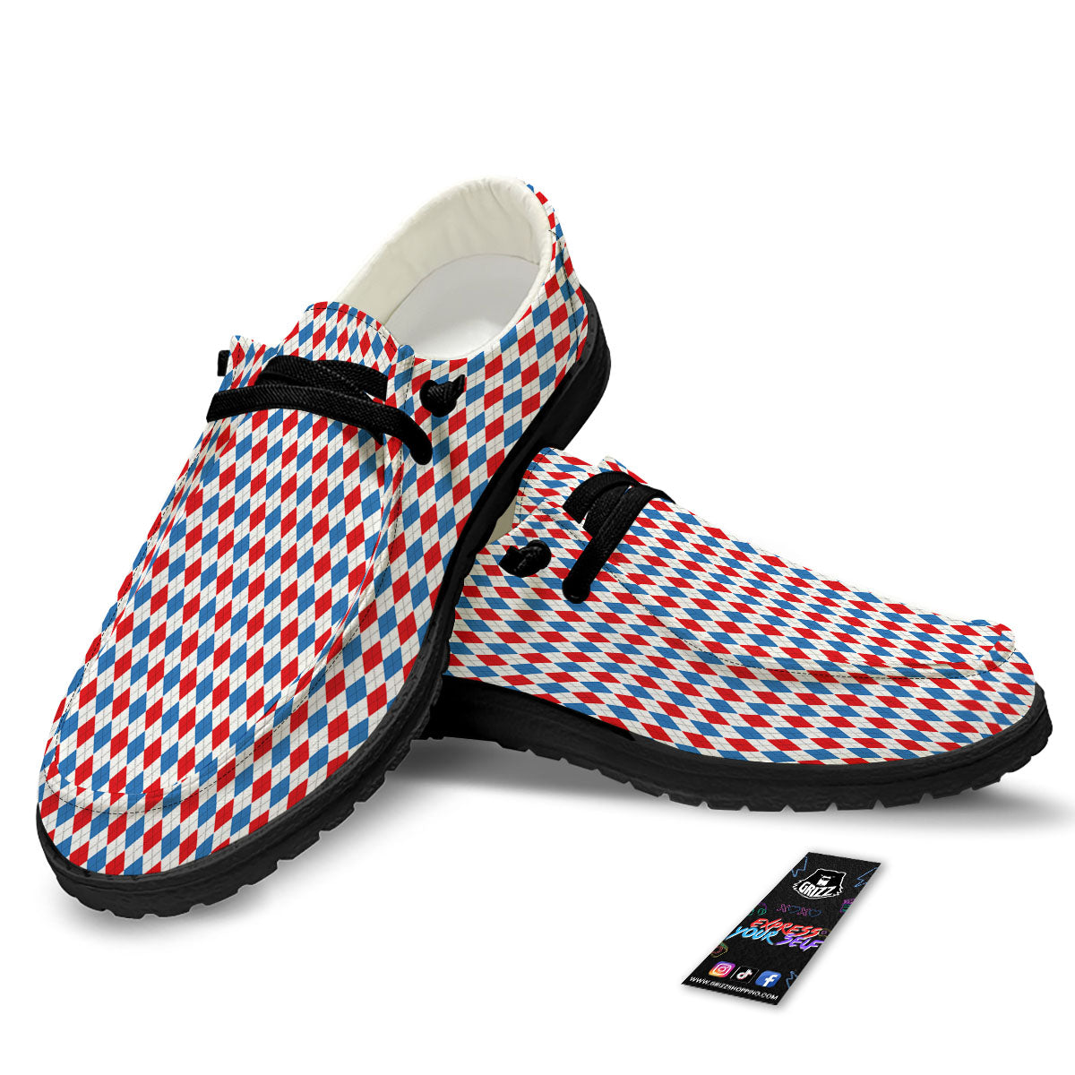 White Blue And Red Argyle Print Pattern Black Loafers-grizzshop