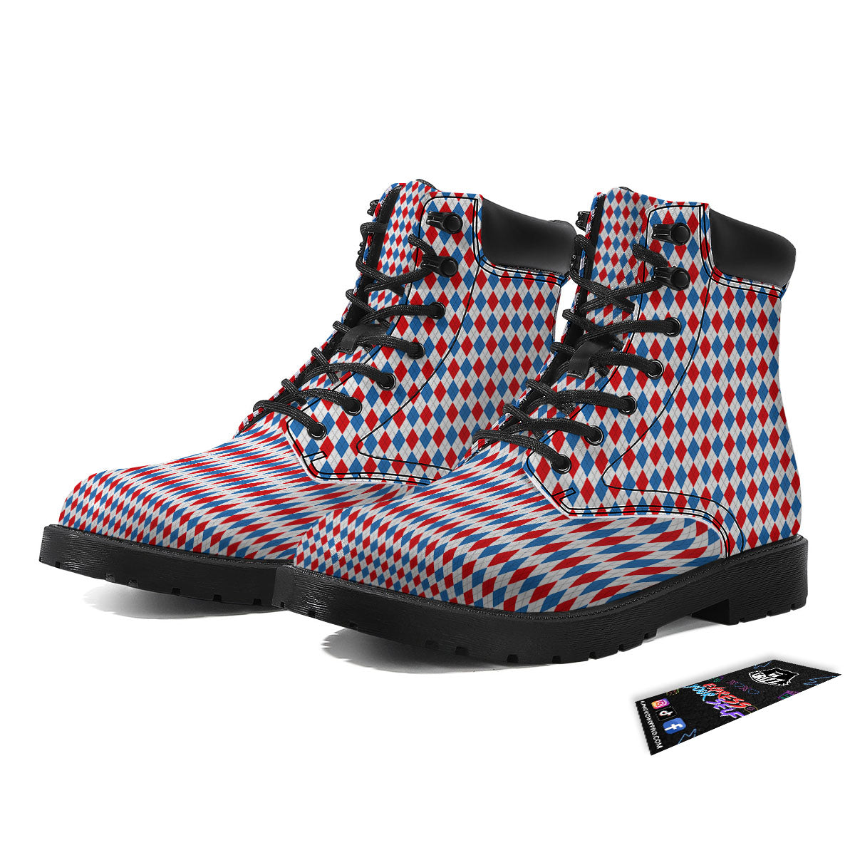 White Blue And Red Argyle Print Pattern Boots-grizzshop