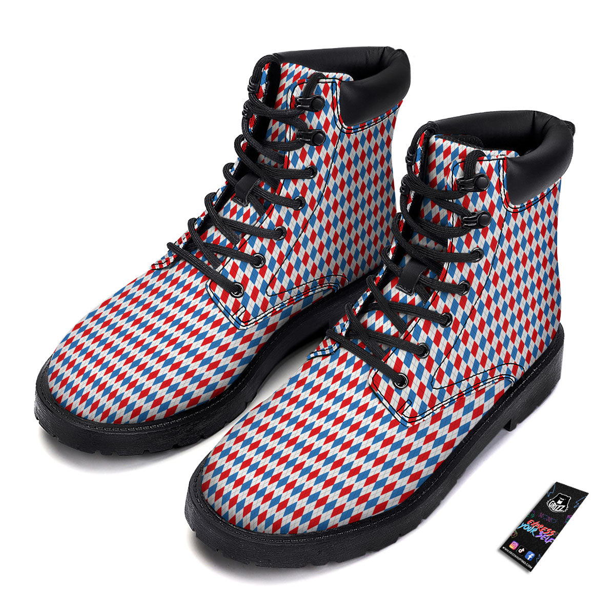 White Blue And Red Argyle Print Pattern Boots-grizzshop