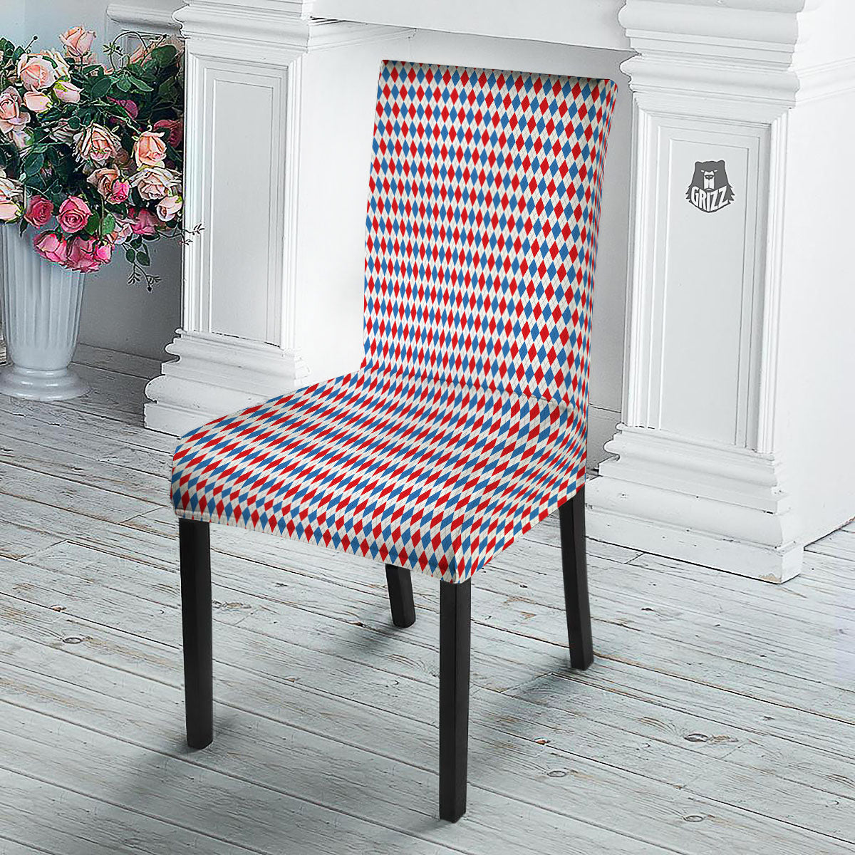 White Blue And Red Argyle Print Pattern Dining Chair Slipcover-grizzshop
