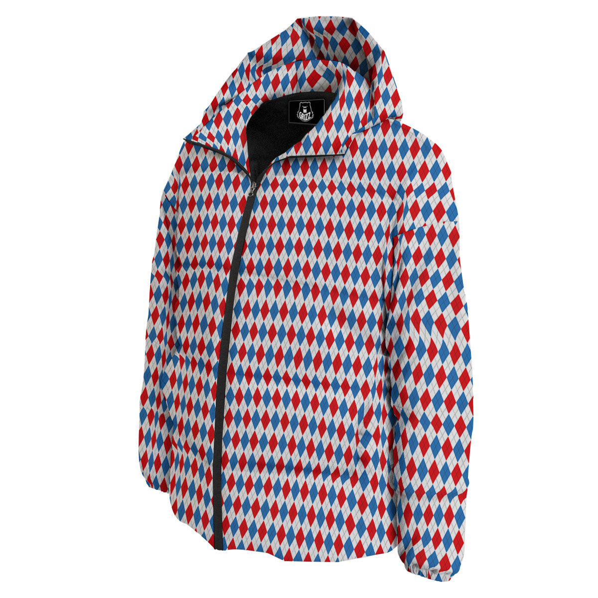 White Blue And Red Argyle Print Pattern Down Jacket-grizzshop
