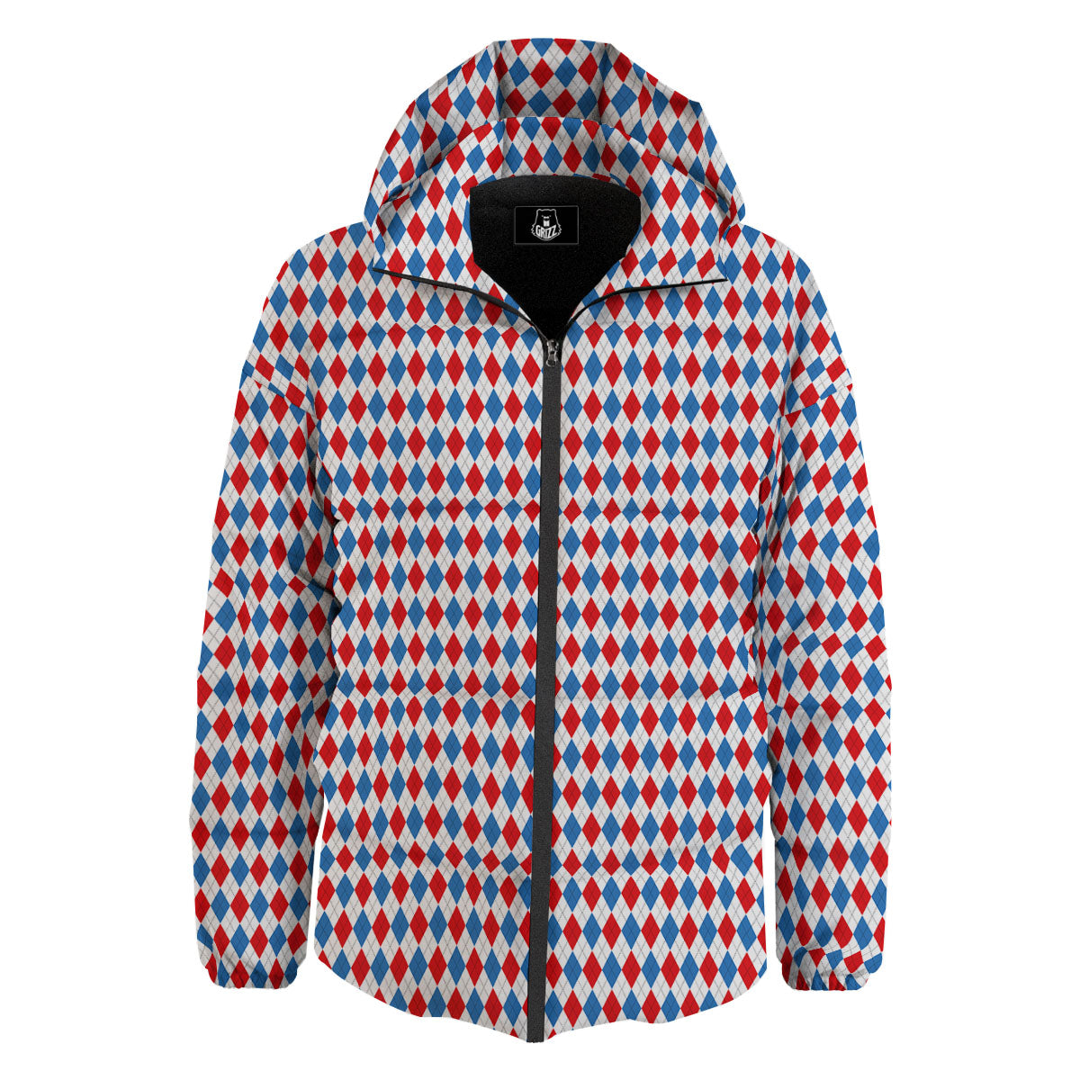 White Blue And Red Argyle Print Pattern Down Jacket-grizzshop