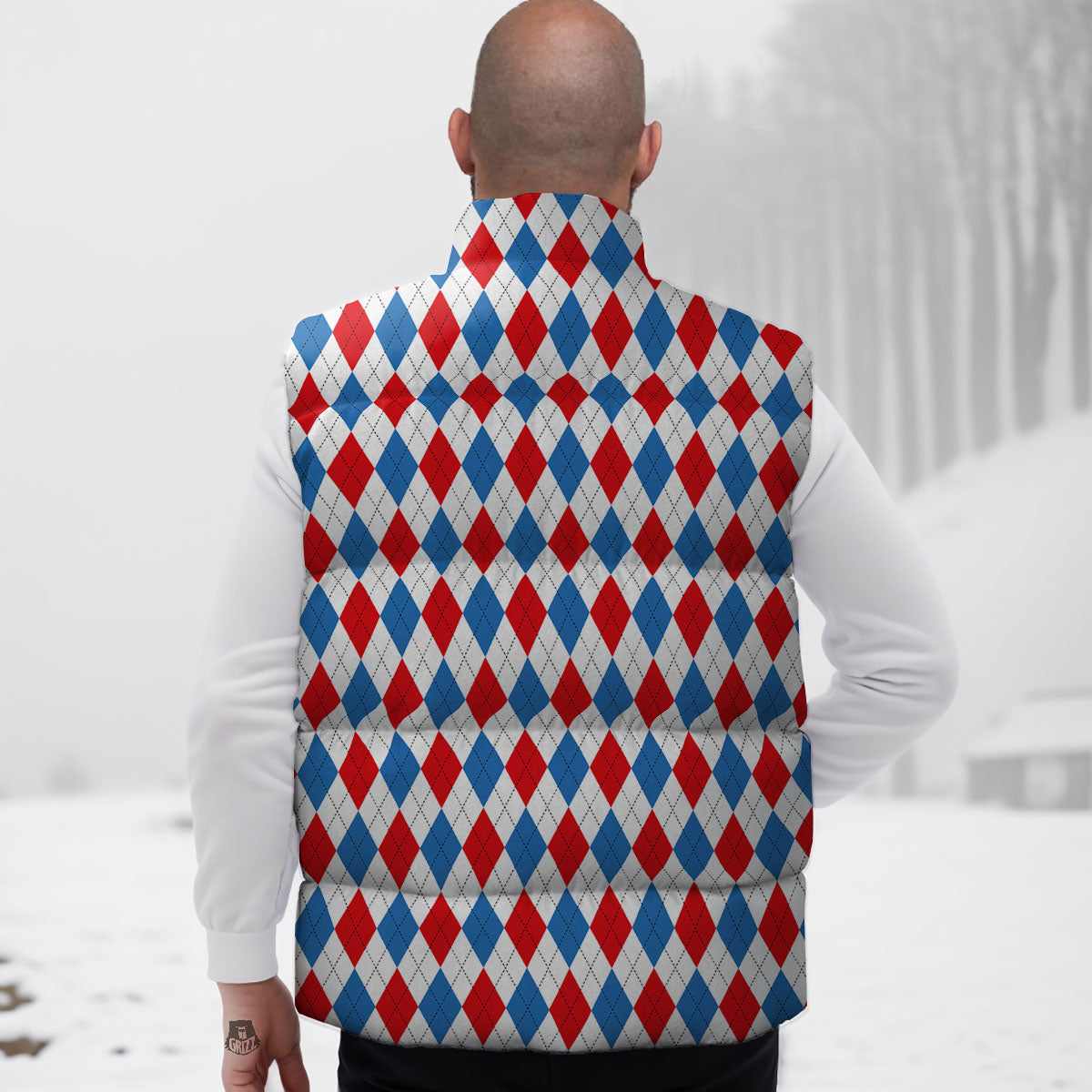 White Blue And Red Argyle Print Pattern Down Vest-grizzshop