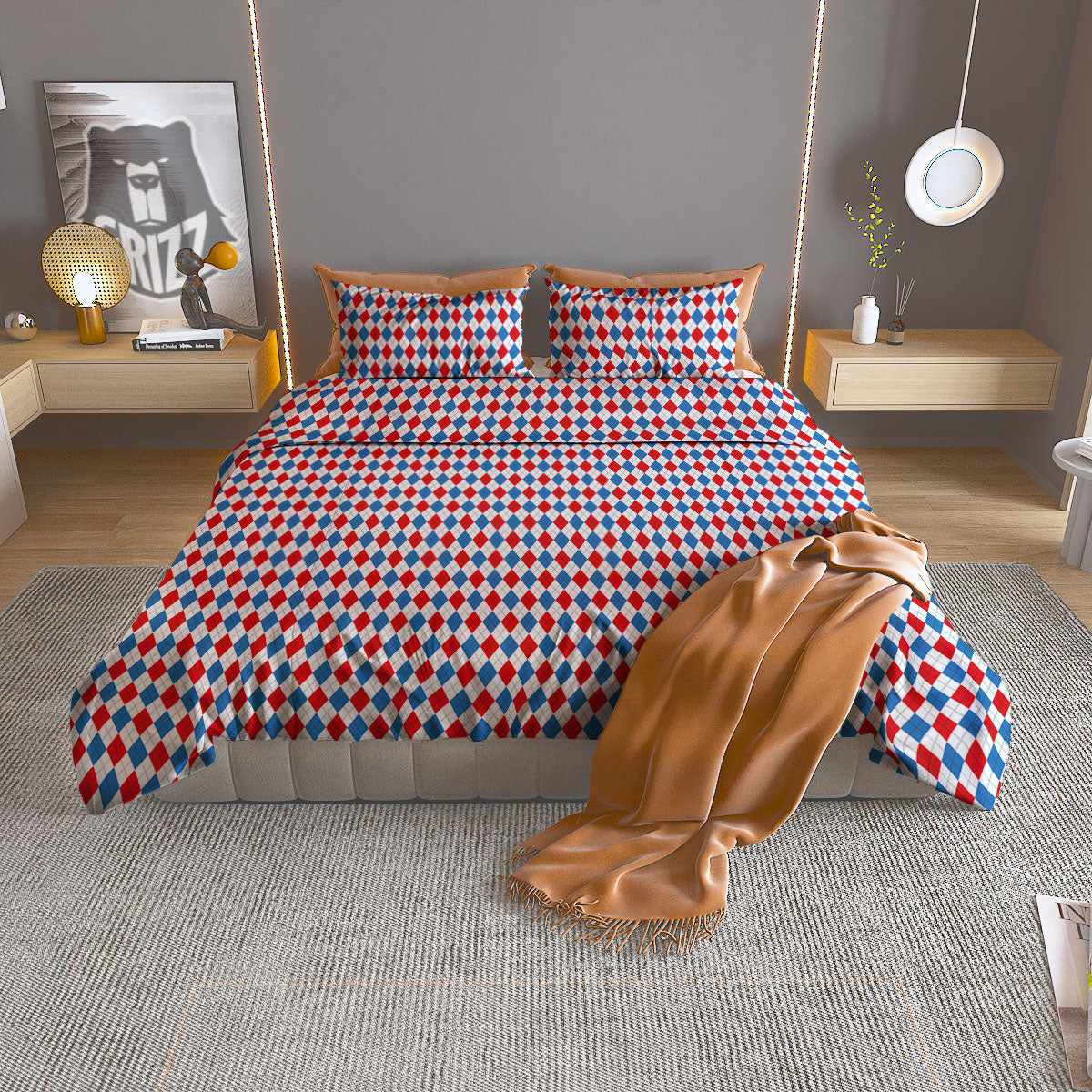 White Blue And Red Argyle Print Pattern Duvet Cover Bedding Set
