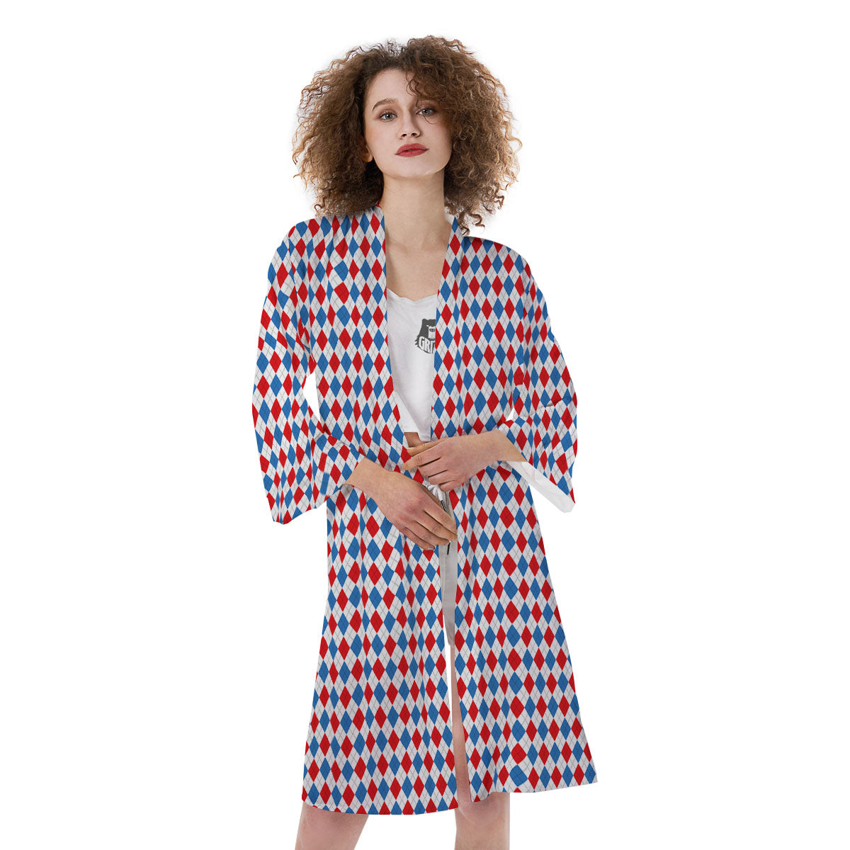 White Blue And Red Argyle Print Pattern Kimono-grizzshop