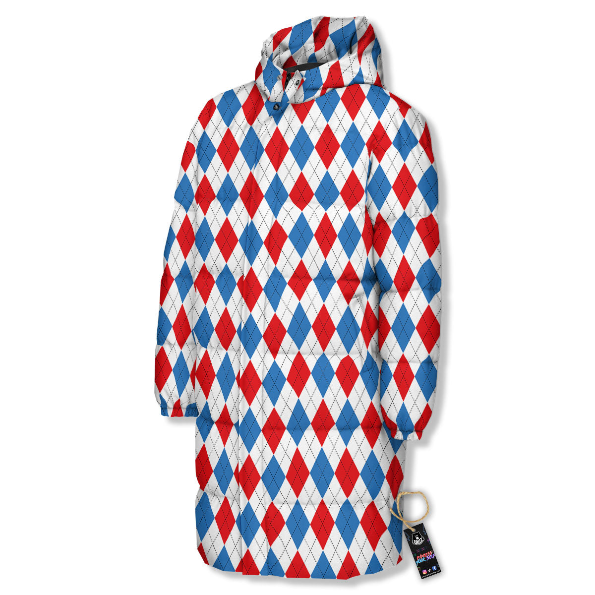 White Blue And Red Argyle Print Pattern Long Down Jacket-grizzshop