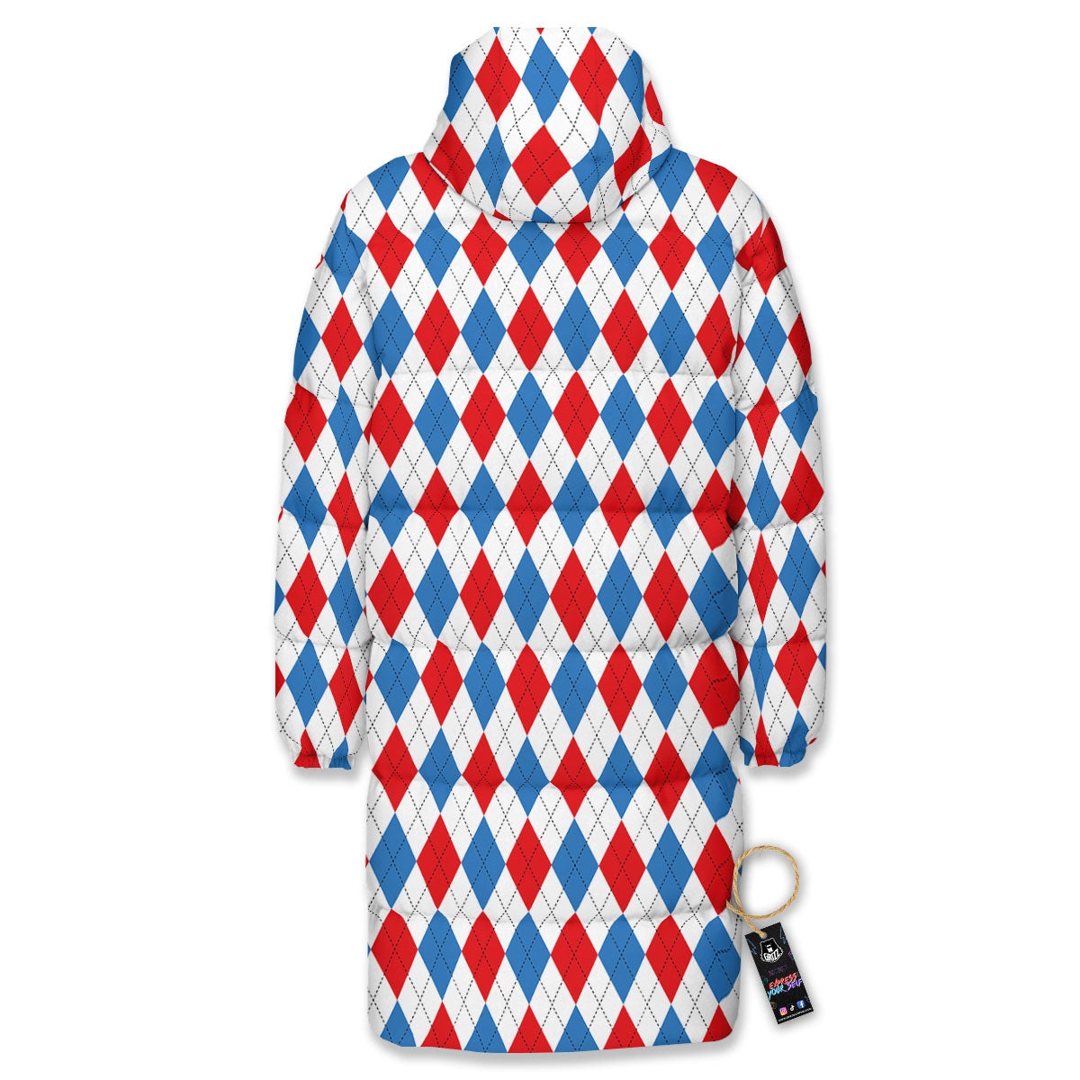 White Blue And Red Argyle Print Pattern Long Down Jacket-grizzshop