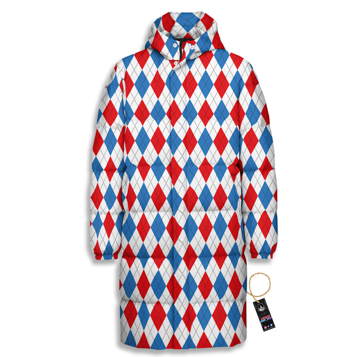 White Blue And Red Argyle Print Pattern Long Down Jacket-grizzshop