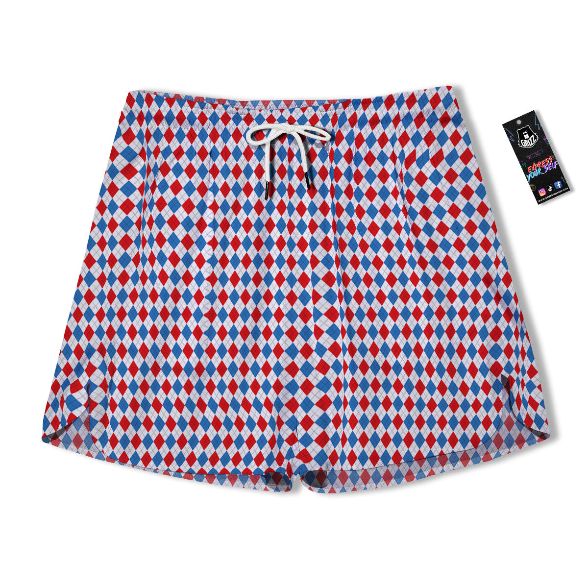 White Blue And Red Argyle Print Pattern Men's Running Shorts-grizzshop