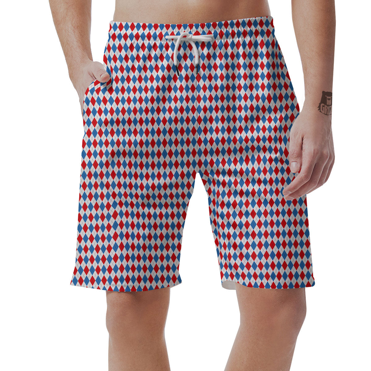 White Blue And Red Argyle Print Pattern Men's Shorts-grizzshop