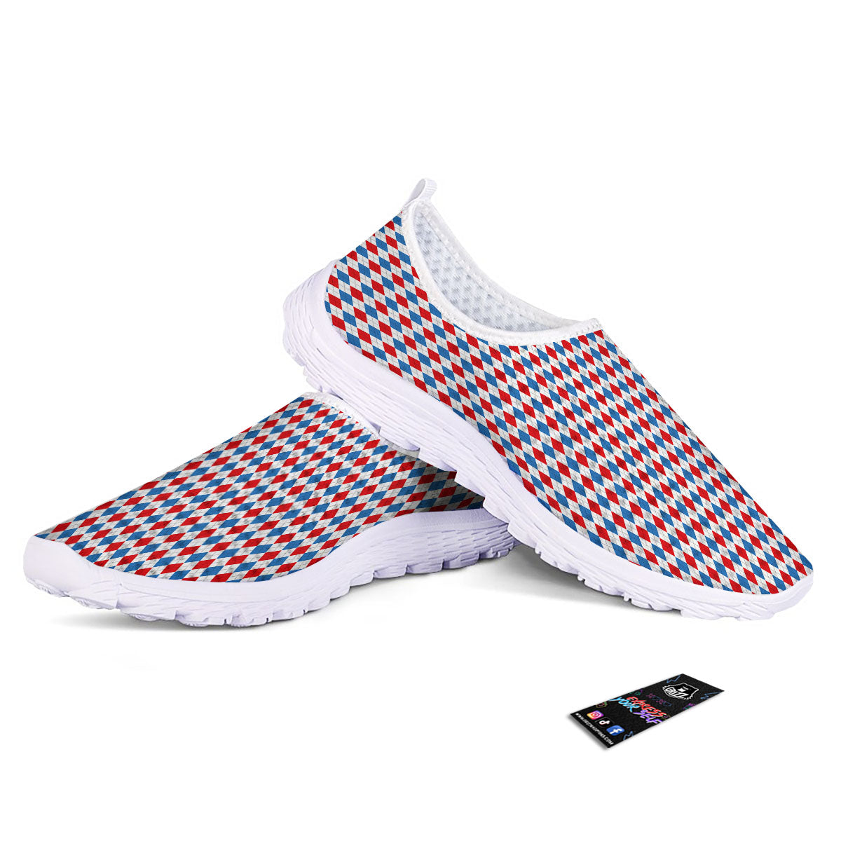 White Blue And Red Argyle Print Pattern Nurse Shoes-grizzshop