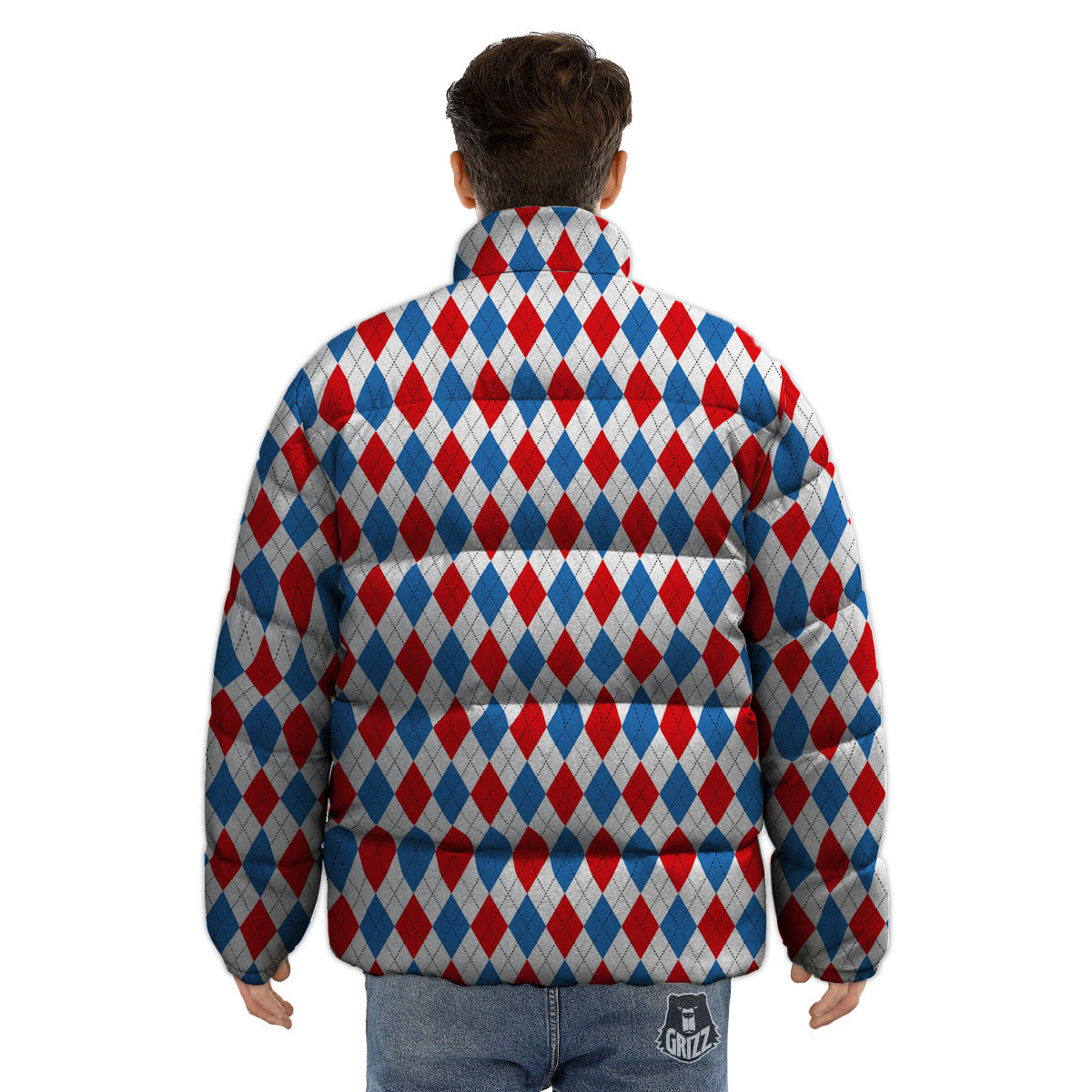 White Blue And Red Argyle Print Pattern Puffer Jacket-grizzshop