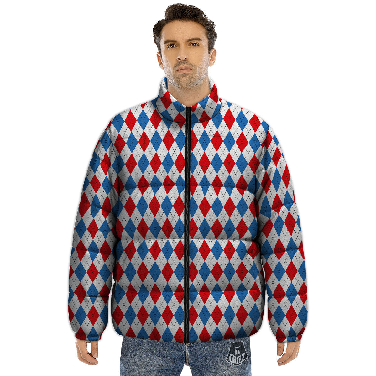 White Blue And Red Argyle Print Pattern Puffer Jacket-grizzshop