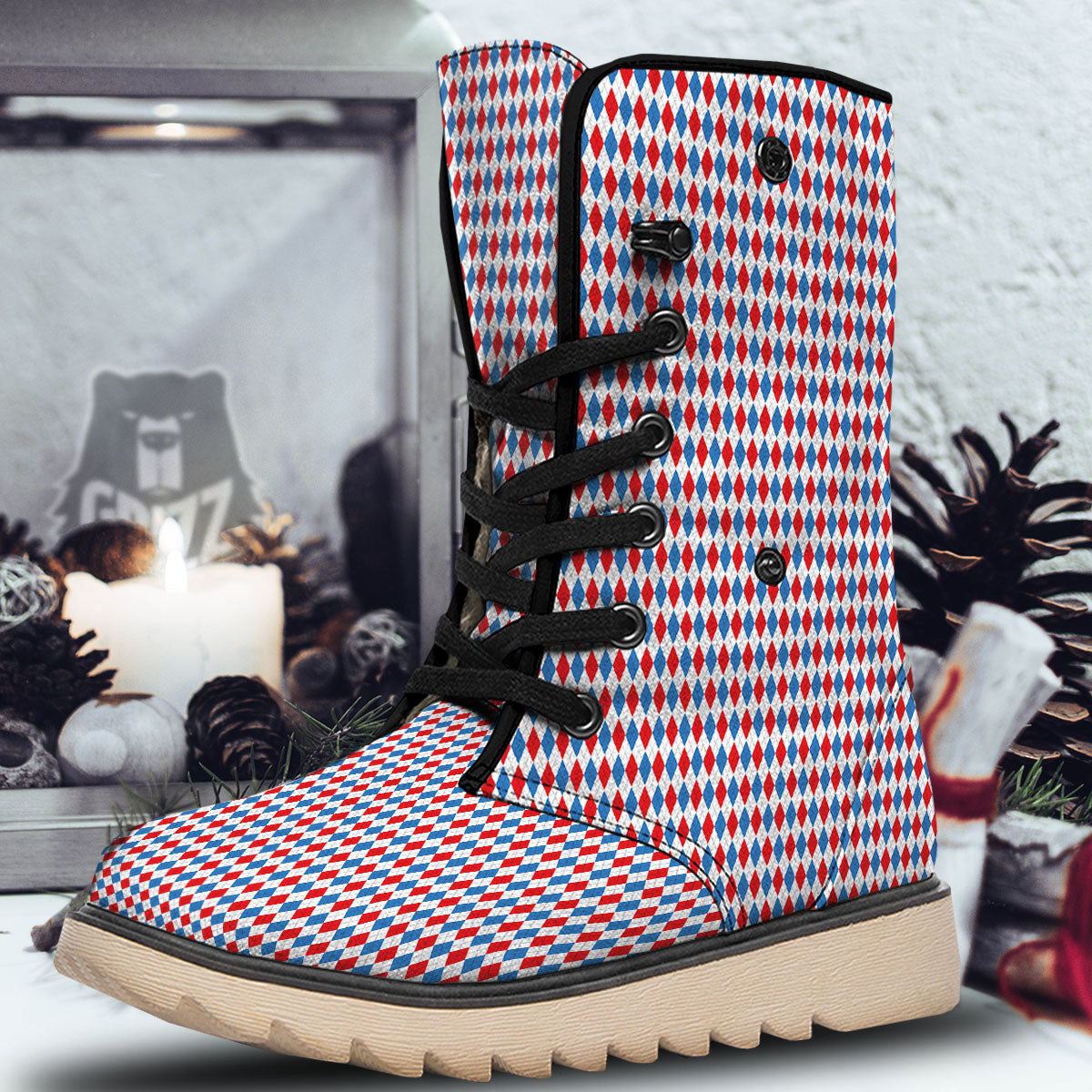 White Blue And Red Argyle Print Pattern Snow Boots-grizzshop